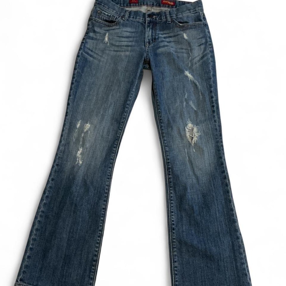 Express Flare Jeans Women 8R Blue Distressed Low Rise Y2K Denim - Picture 1 of 8